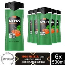Image of Lynx 3in1 Body, Face & Hair Wash Shower Gel Extra Fresh Jungle Fresh 500ml, 6pk
