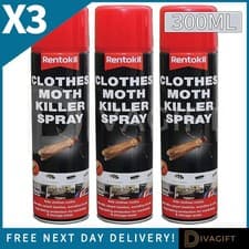 Image of 3 x RENTOKIL CLOTHES MOTH KILLER SPRAY 300ML REPELLS CARPET FABRIC WARDROBE NEW