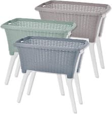 Image of Large Laundry Washing Basket Folding Legs Plastic Rattan Clothes Storage Hamper