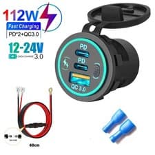 Image of 112W 3 Port Car Charger Socket PD QC 3.0 USB 12V 24V Boat Motorcycle