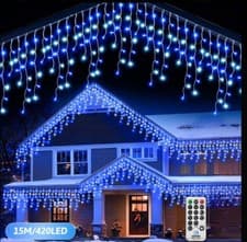 Image of White & Blue Connectable IP44 Waterproof Icicle Lights with 8 Modes & Remote