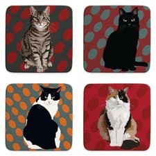 Image of Cat Coasters | Leslie Gerry, Set of 4, Non-Slip, Table Drink Mats, Tea, Coffee