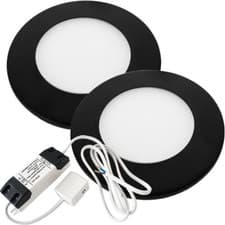 Image of 2x BLACK Ultra-Slim Round Under Cabinet Surface Light & Driver - Warm White LED