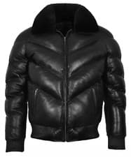 Image of Men's Ace Puffer Leather Jacket Black Sheepskin Soft Collar WARM Bomber Jacket