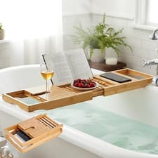 Image of Luxury Bamboo Bath Caddy Foldable & Extendable Bathroom Tray Caddy Bathtub Rack