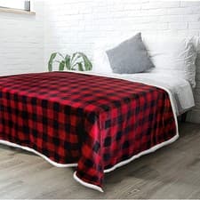 Image of Red Checked Sherpa Fleece Blanket Fluffy Throw Double 150x130cm Check Tartan UK