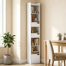 Image of Bookcase Tall Narrow 5 Tiers Bookshelf with Drawers White Wood Effect