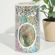 Image of Iridescent Crackle Glass Oil Burner – Pillar Design, Light Blue Mirrored Finish,