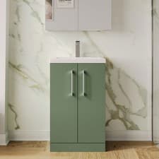 Image of Nuie Arno Compact Reed Green FS 2-Door Vanity Unit + Ceramic Basin - 500mm