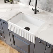 Image of 605 x 405mm Fluted Ceramic Belfast Kitchen Sink Single Bowl & Matt Black Waste