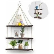 Image of 3-Tier Wooden Hanging Shelf Swing Floating Shelves Jute Rope Wall Display Decor