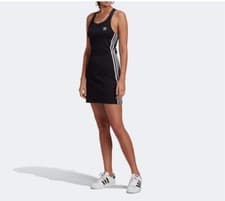 Image of BNWT ADIDAS ORIGINALS 3 Stripe Logo BODYCON Racer Back Dress Black 12 RRP £30