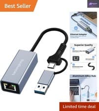 Image of USB-C to Gigabit Ethernet Adapter - Fast 1000 Mbps for Windows, Mac, Linux Users