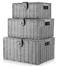 Image of 3 Pieces Resin Woven Storage Basket Set Grey with Lid & Lock Large Medium Small