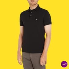 Image of TOMMY HILFIGER Men's Polo Shirt, 1985 Slim Fit Piqué, Black, UK M | EU 48 | US M