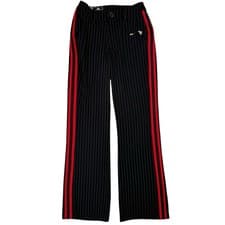 Image of NWT SIWY Pinstripe Wide Leg Flare Trouser Pants Size 24 Black Red Side Stripe