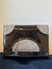Image of NWT Monzo & Franco Vintage Black Patent Leather Tara Bag Gold Chain Snake Print