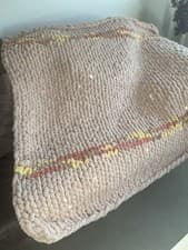 Image of Handmade Chunky Knit Cosy Throw In A Lovely Coral Colour. 48in x 48in.