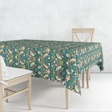 Image of William Morris Strawberry Thief Dark Green 132x228cm Cotton Tablecloth