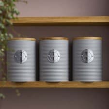 Image of Tea Coffee Sugar Cannister 3pc Set Ribbed Kitchen Storage Bins Tins 11 Colours
