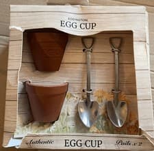 Image of Eddingtons Flower Pot Egg Cup Set With Shovel Spoons Gardeners Gift Eggcup Eggs