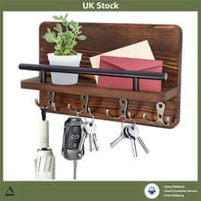 Image of Rustic Wall Mounted Wooden Key Holder Shelf with 4 Double Hooks Entryway Brown