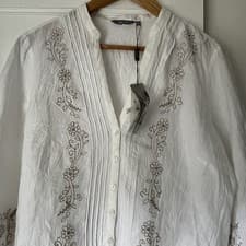 Image of NWT M&S 16 Per Una Embroidered Linen Blouse Shirt Off White Boho 3/4 Sleeve