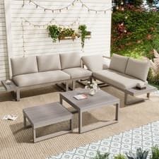 Image of Garden Furniture Set 6 Seater Outdoor Patio Sofa w/ Reclining Steel Frame, Khaki