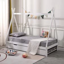 Image of HARRY KIDS WOODEN TEEPEE TENT SINGLE BED FRAME - WHITE / GREY - TRUNDLE OPTION
