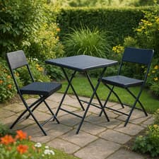Image of Black Rattan Bistro Set 3 Piece Folding Table And 2 Chairs For Indoor & Outdoor