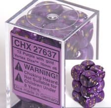 Image of Chessex Dice D6 Set: Vortex Purple With Gold - 16Mm Six-Sided Dies (12) Block Of