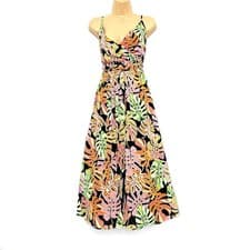 Image of Black Multicoloured Palm Leaf Print Maxi Dress Wrap Strappy Elasticated UK 6-16