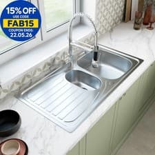 Image of Stainless Steel 1.5 Bowl Inset Kitchen Sink Modern Left Hand Drainer Wastes