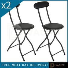 Image of 2 x BLACK PADDED FOLDING HIGH BACK CHAIR BREAKFAST KITCHEN BAR STOOL FOLDABLE