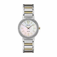 Image of Seiko SUP469P1 Ladies Bi-Colour Solar Crystal Set Bezel MOP Dial 2 Year Warranty