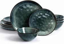 Image of 12pc Stoneware Dinnerware Set Plates Bowls Dark Green Service for 4