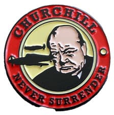 Image of Winston Churchill Never Surrender military pin badge Spitfire Battle of Britain