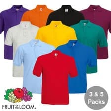 Image of 3 & 5 Pack Mens Fruit Of The Loom 65/35 Polo Shirts Plain Unisex Men Tee T Shirt