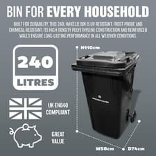 Image of BLACK WHEELIE BIN 240L OUTDOOR INDUSTRIAL HOUSEHOLD COUNCIL SIZE BINS COMMERCIAL
