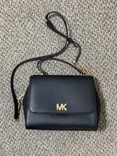 Image of Michael Kors Crossbody Bag Women Mott Black Gold Leather Satchel # 35S0G0XS2