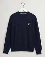 Image of GANT Men’s Blue Crew Neck Jumper 100% Lambswool Shield Knit Size Large RRP £145