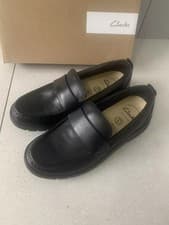Image of NEW CLARKS BRANCH SLIP OLDER BOYS BLACK LEATHER SCHOOL SHOES UK SIZE 4 F