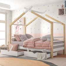 Image of 3FT Kids House Bed with Storage Drawers Solid Wood Teepee Frame Toddler Single B