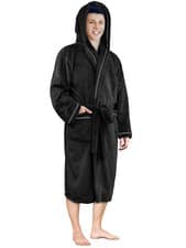 Image of Mens Fleece Robe Hooded Bathrobe Shawl Collar Spa Robe with Hood Soft Microfiber