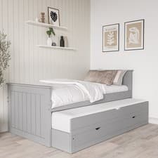 Image of Single Bed Grey Wooden with Trundle Bed and 2 Drawers