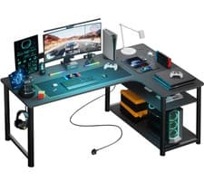 Image of L Shaped Gaming Desk with Power Outlets Corner Computer Desk with Shelves Headph