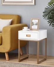 Image of White Gold Bedside Table with Drawer Fluted End Table Nightstand Side Table
