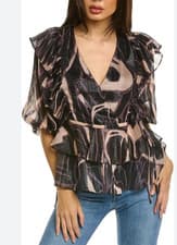 Image of TED BAKER Top Womens TB 2 UK 10 Jasmyna Black Printed Ruffle V Neck Top NEW