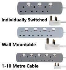 Image of 3, 4 or 5 Way Gang Extension Lead Grey Individually Switched UK Plug 13A 1 - 10m