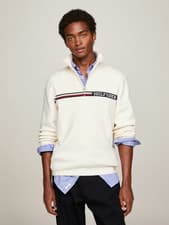 Image of TOMMY HILFIGER Mens Cream Global Stripe 1/4 Zip Mock Jumper Size XL